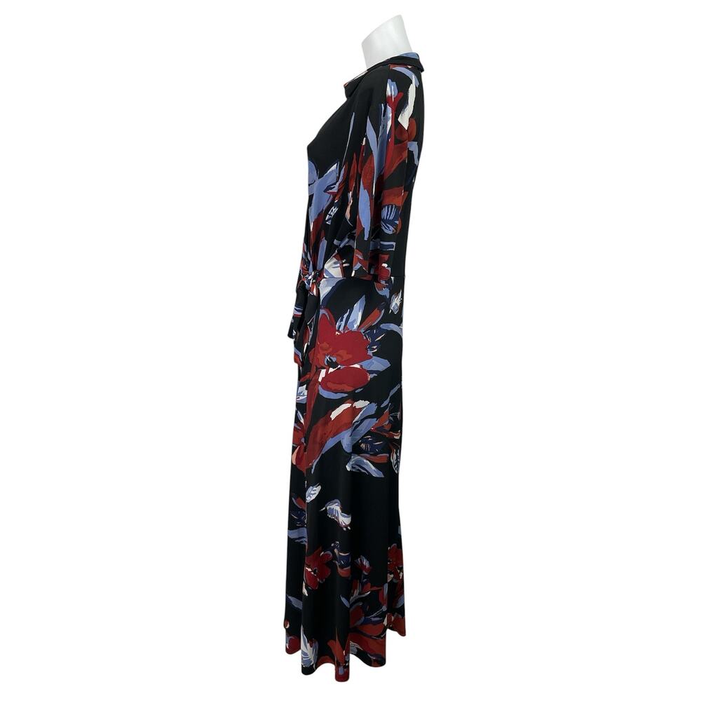 MSK Black Floral Short Sleeve V Neck Collared Tie A Line Maxi Wrap Dress Size L - Picture 2 of 5